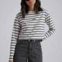 Afends Niko Stripe Cropped Long Sleeve Tee Off White